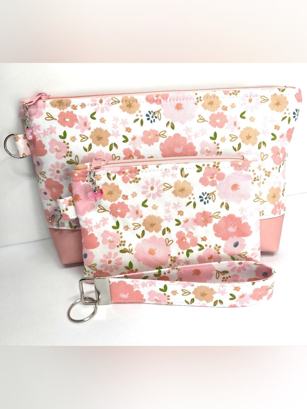 Pink Floral Cosmetic Bag Set with Wristlet - Women’s Makeup Pouches